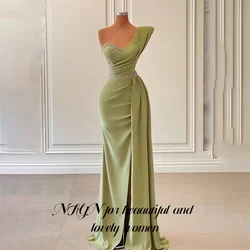 NFYN Sage Green Stain Prom Dresses Shining Pleat One Shoulder vestidos de noche Mermaid Evening Dress Gown with Split Customized