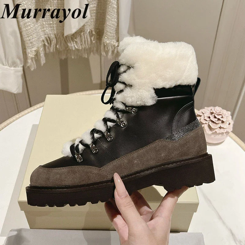 Snow Boots Women Real Leather Wool Lining Flat Thick Bottom Short Boots Winter Round Toe Lace Up Mid Calf Booties Vacation Shoes