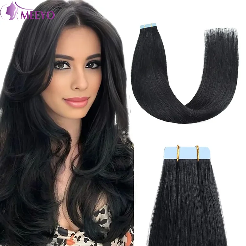 Straight Human Hair Tape in Hair Extension Natural Black Color Extensions 50G/Pack for Women 20 Pcs Brazilian Hair Tape on #1B