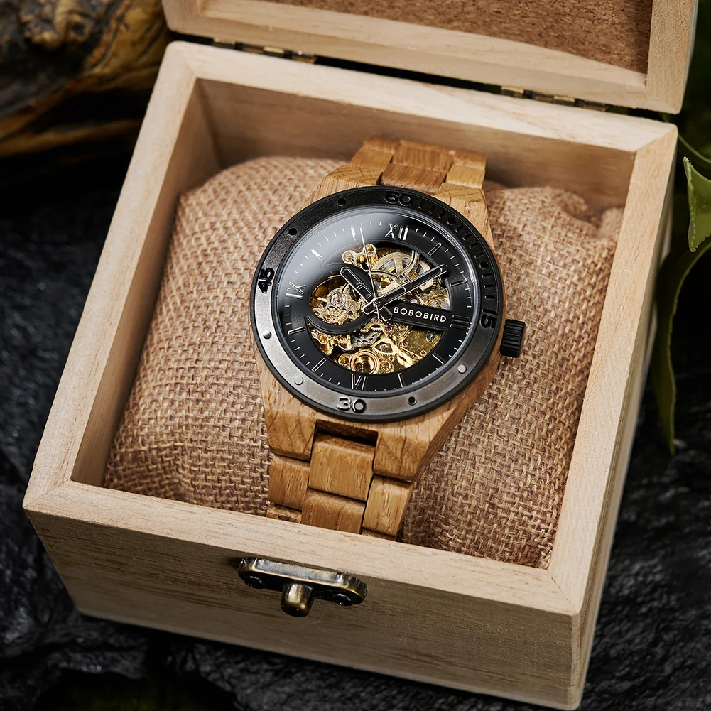 BOBO BIRD-Reloj de pulsera mecánico de madera para hombre, de lujo, con caja de madera elegante, regalo Ideal para el Día del Padre