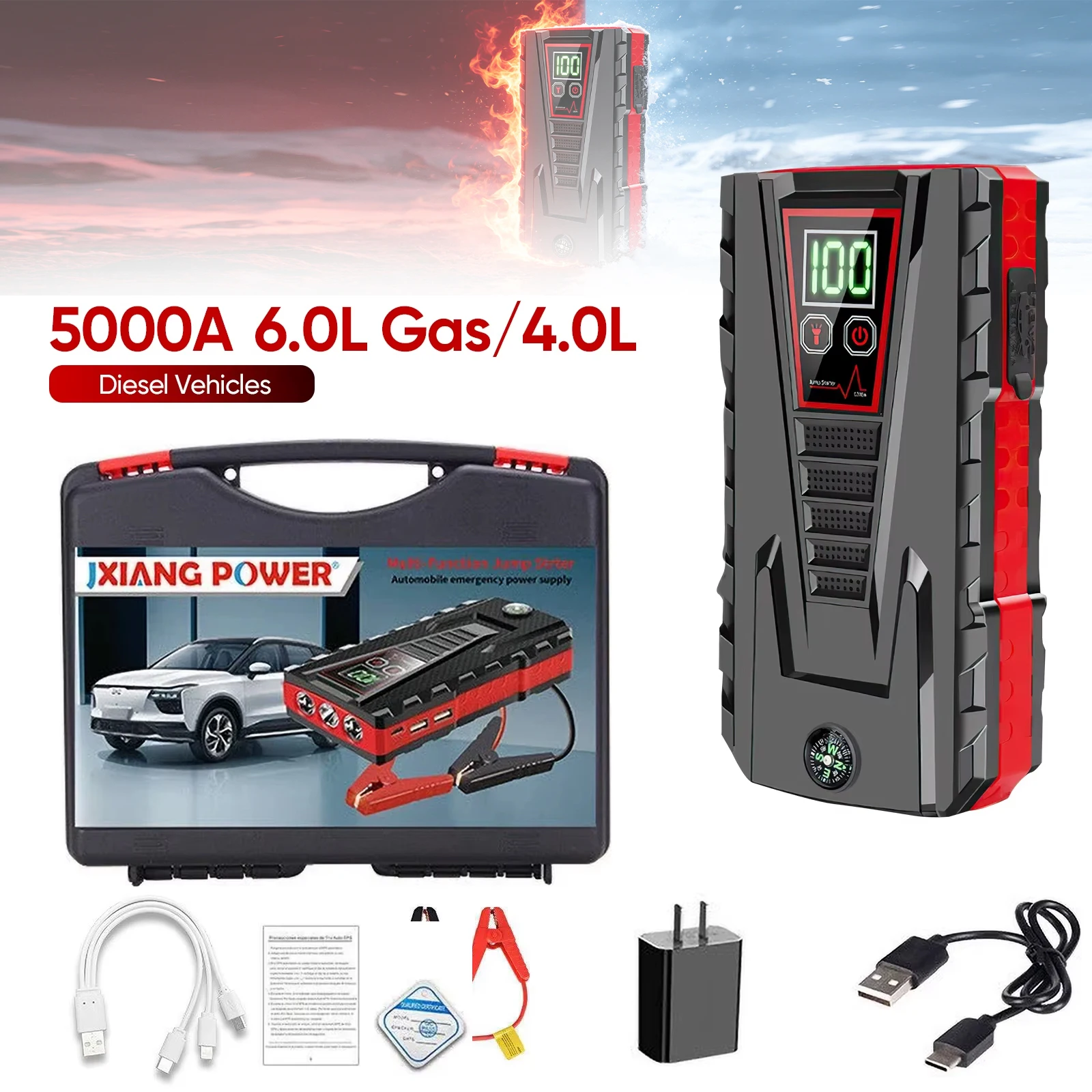 Przenośny rozrusznik samochodowy 5000A Peak 12V, awaryjny wzmacniacz akumulatora, wodoodporny, pyłoszczelny power bank z latarką LED SOS