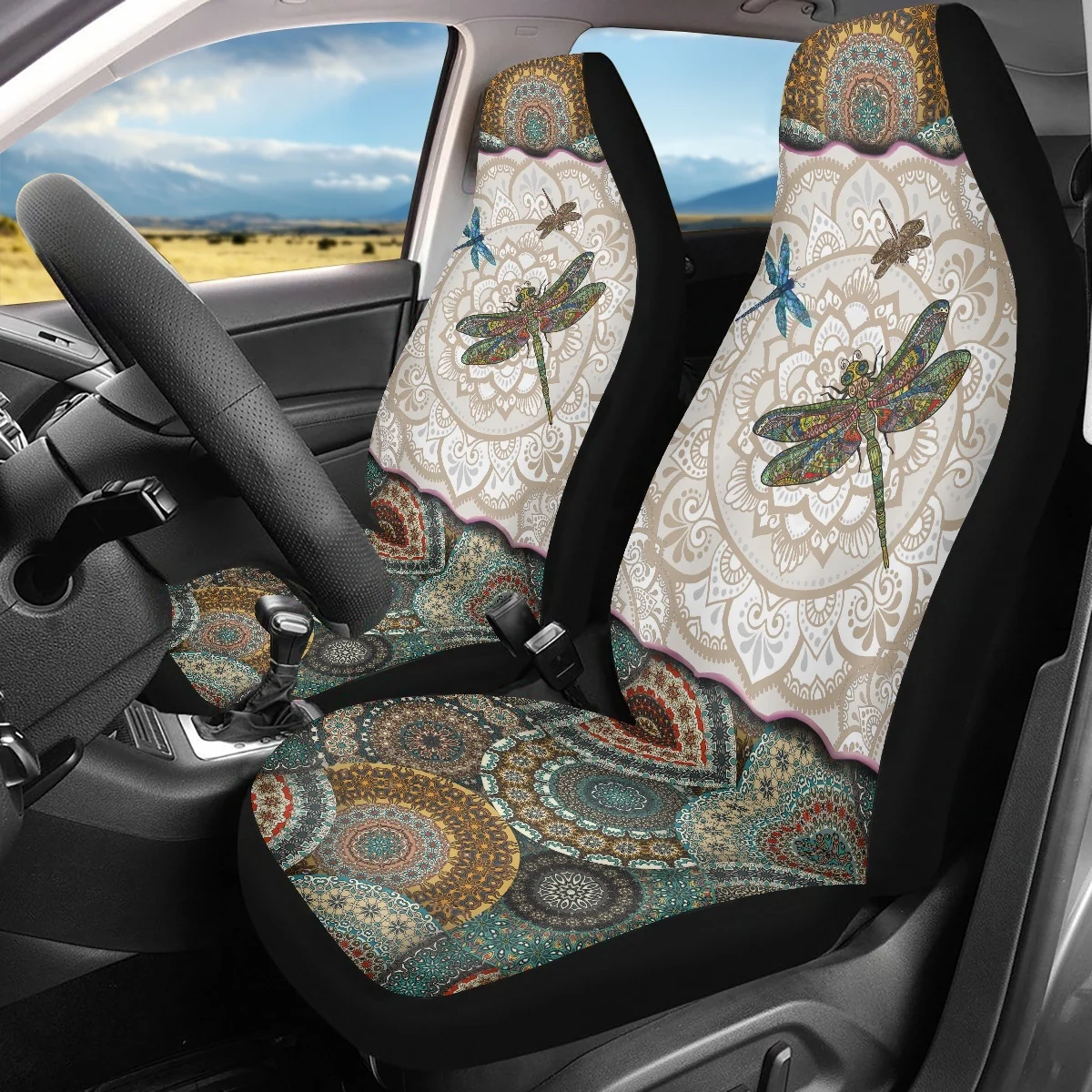 

Fashion Bohemia Style Dragonfly Print Vehicle Seat Covers Comfortable Set of 2 Car Front Seats Only Universal Fit Most of Sedans