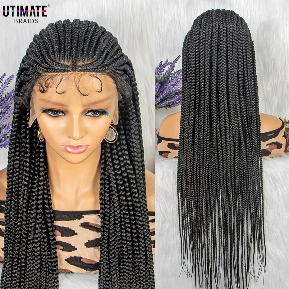 Os recém-chegados caixa de cornrow trançado perucas sintéticas caixa trançada perucas para preto feminino 36 polegadas perucas dianteiras do laço com cabelo do bebê