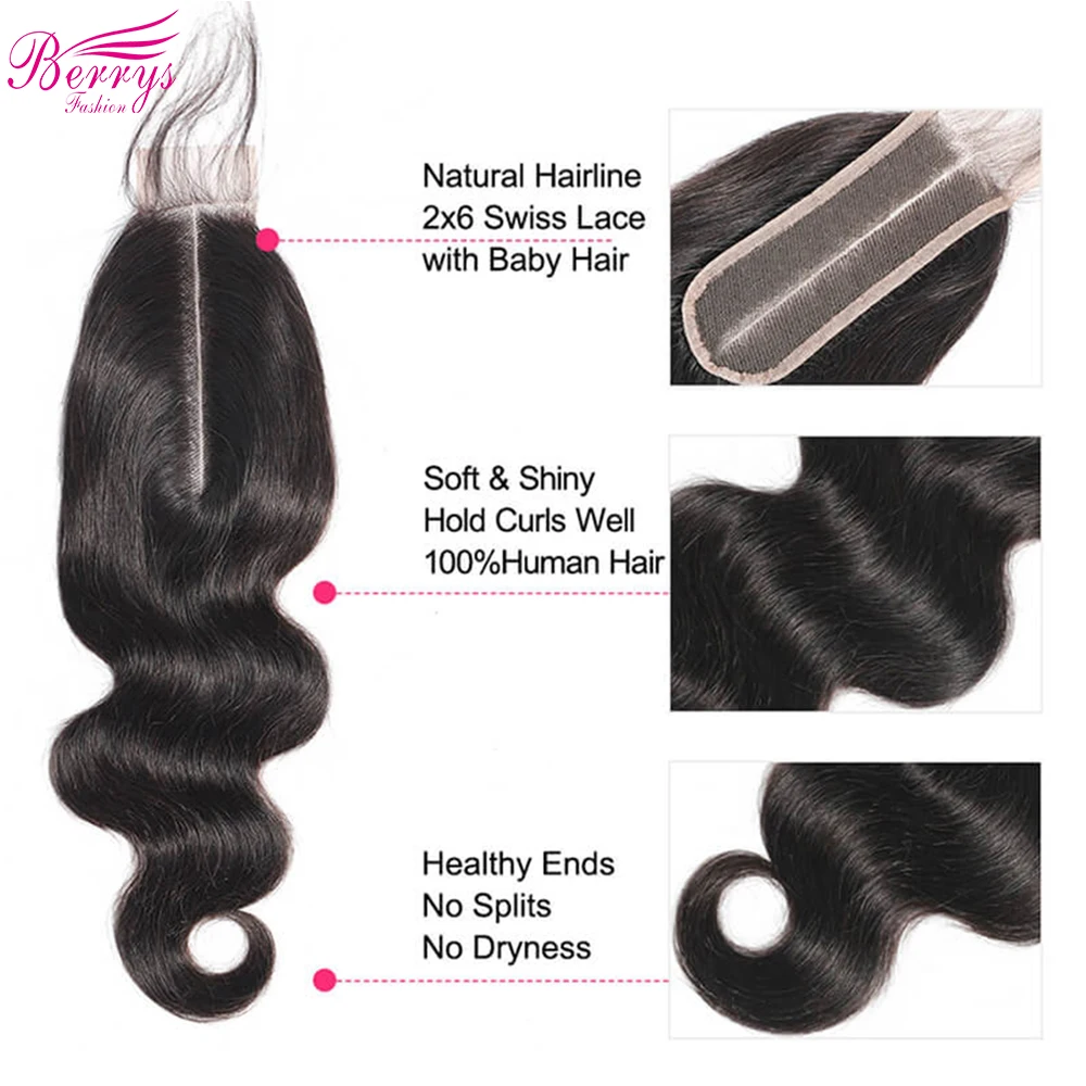 Berrys-pelo ondulado con cierre de encaje HD, pelo humano brasileño predespuntado Invisible 2x6, encaje Invisible HD Real, solo 12 - 20 pulgadas