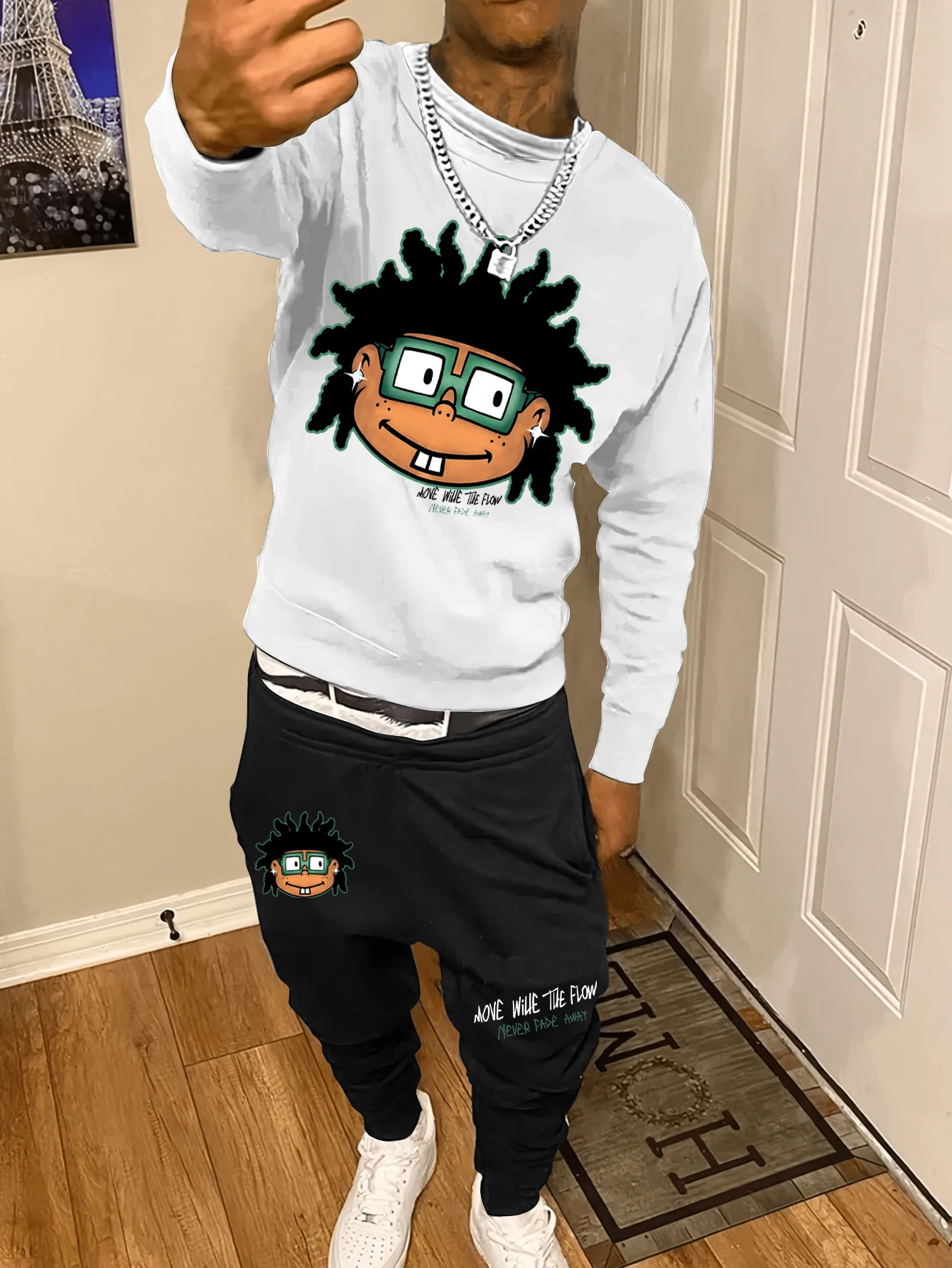 Autumn and Winter Trendy New Sweatshirt Men\'s Loose Casual Fit With Cute Letter Printed Hundred Long Sleeve Sweatshirt Set