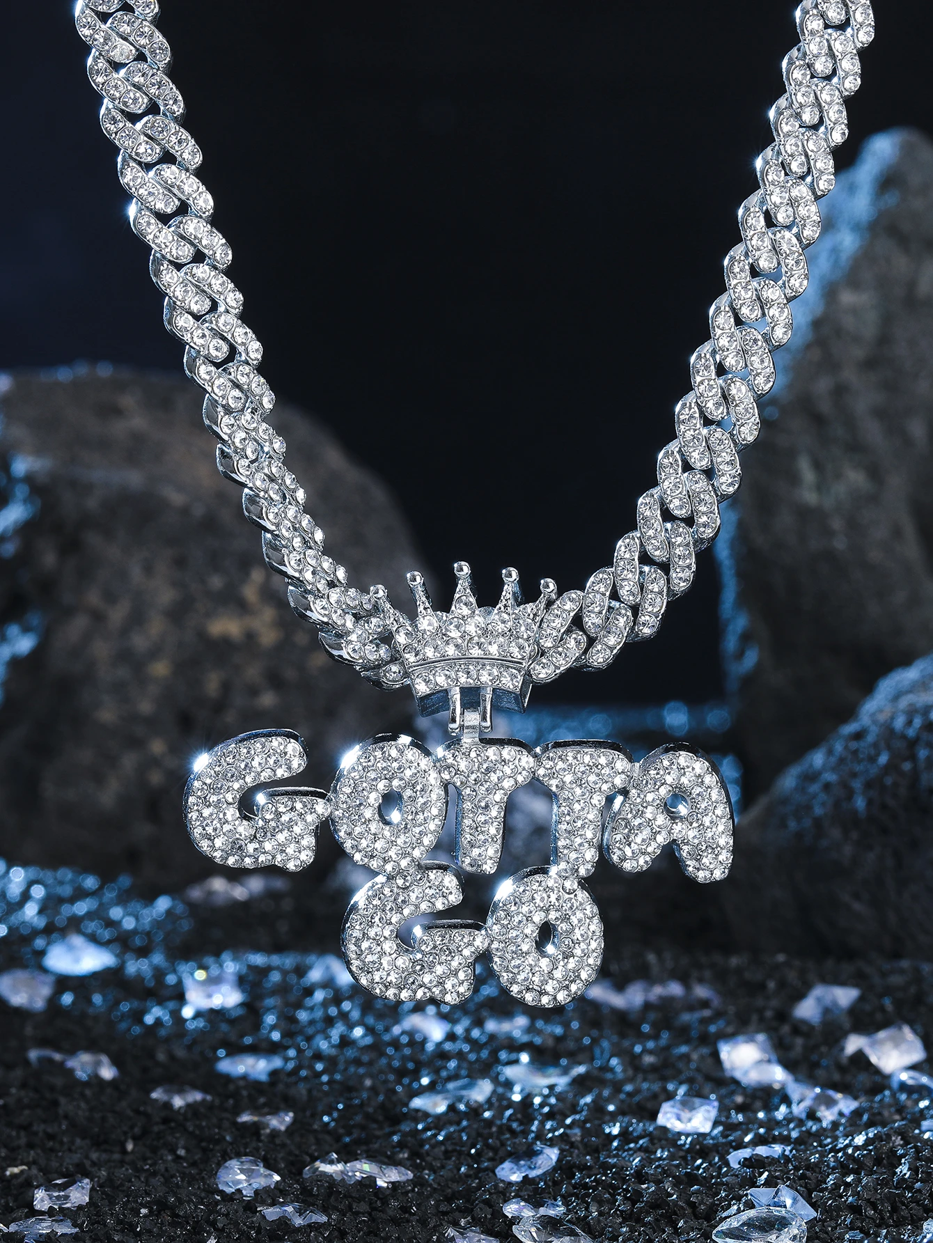 

HIP HOP Bling Iced Out GOTTA GO Letter Pendant Cuban Necklace for Women Men Shiny Rhinestone Zircon Necklace Rappers Jewelry