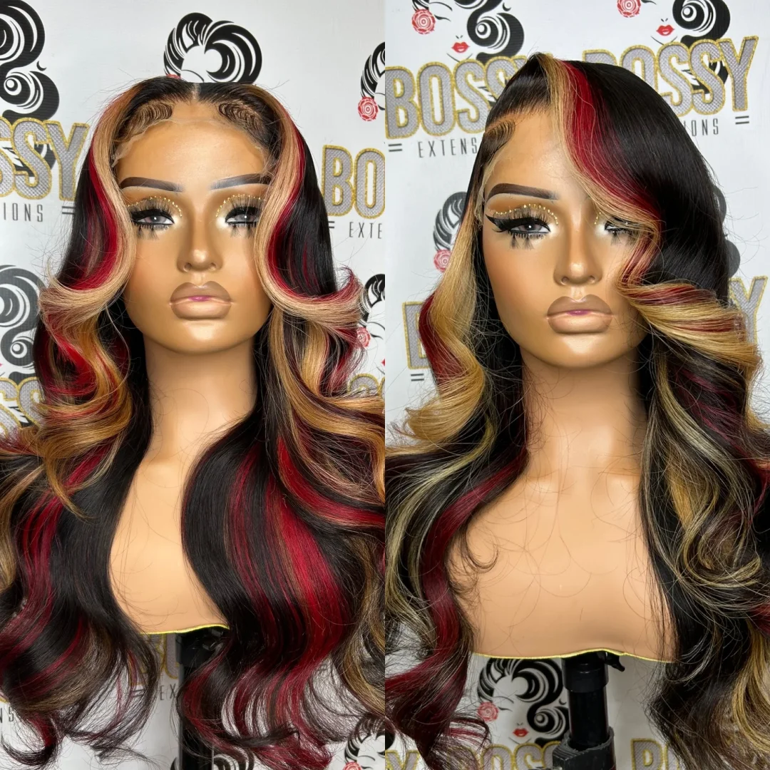 Red With Blonde Highlights Wig 13x4 Synthetic Lace Front Wig Red And Blonde Loose Wave Glueless Wig Pre Plucked With Baby Hair