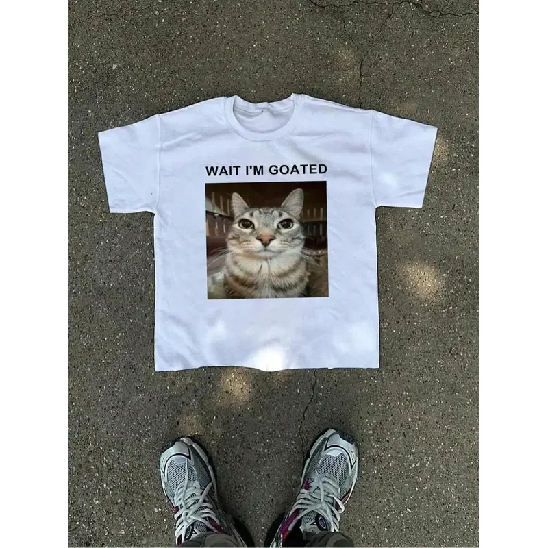 

Wait I'm Goated Cat Graphic T Shirt Men Casual Humorous Printed Tee Trendy Streetwear Top With Unique Cat Design For Men