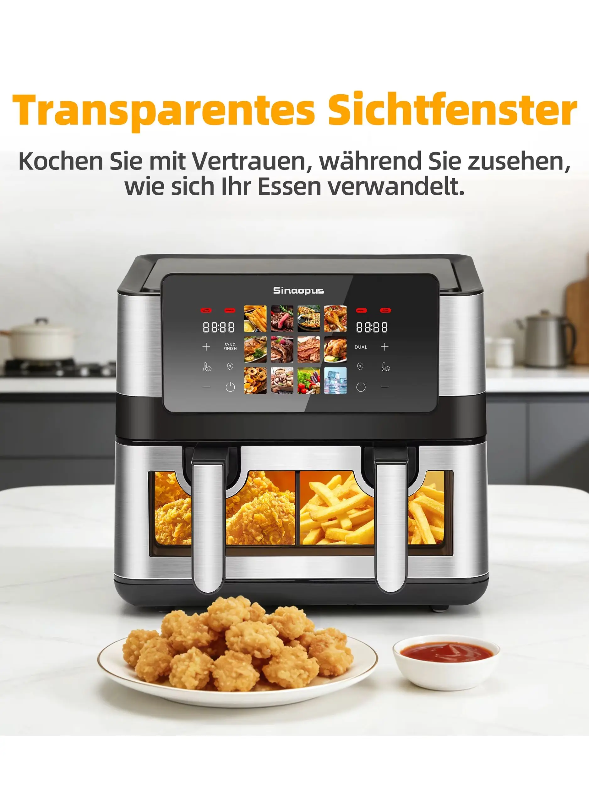 Sinaopus 8,5 l Heißluftfritteuse mit zwei Körben, 2000 W, LED-Touchscreen, großes Sichtfenster, 12-in-1-Ofen, ölfrei