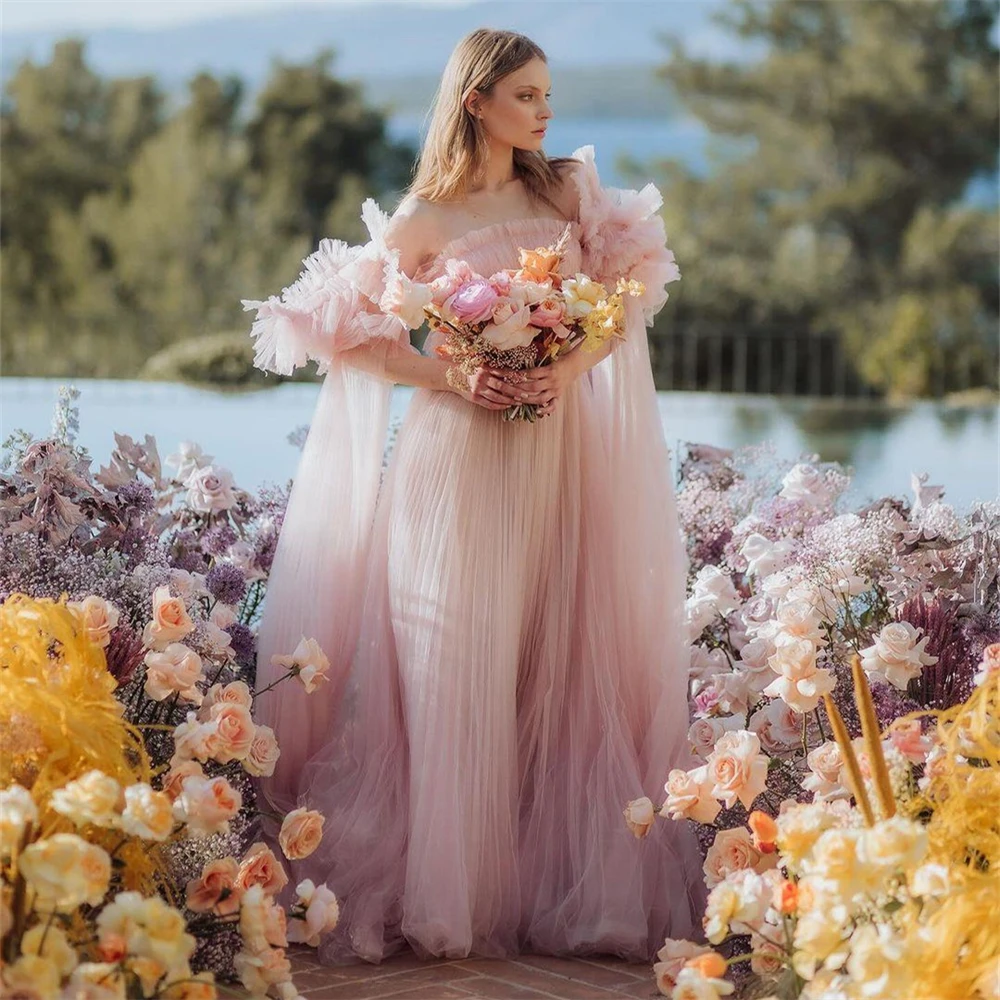 

20116# Stunning Pink Draped Tulle Wedding Dress For Bride 2024 Woman Bridal Gown With Ruffles Sleeves