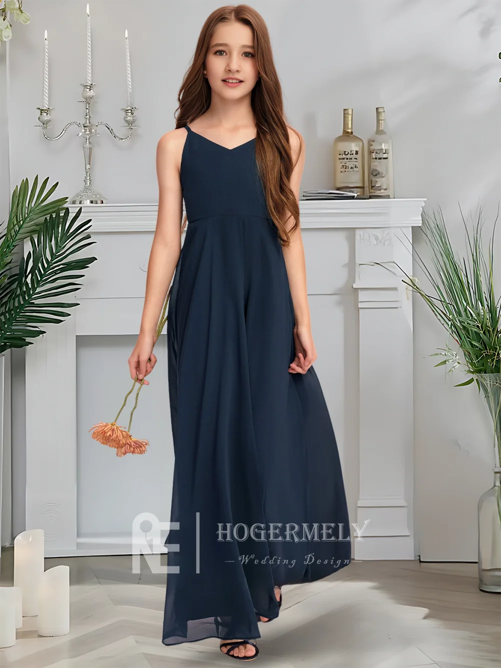 고급스러운 v 넥 주니어 신부 들러리 드레스 미드나잇 네이비 플라워 걸 드레스 캐스케이딩 보우 웨딩 파티가있는 바닥 길이 쉬폰