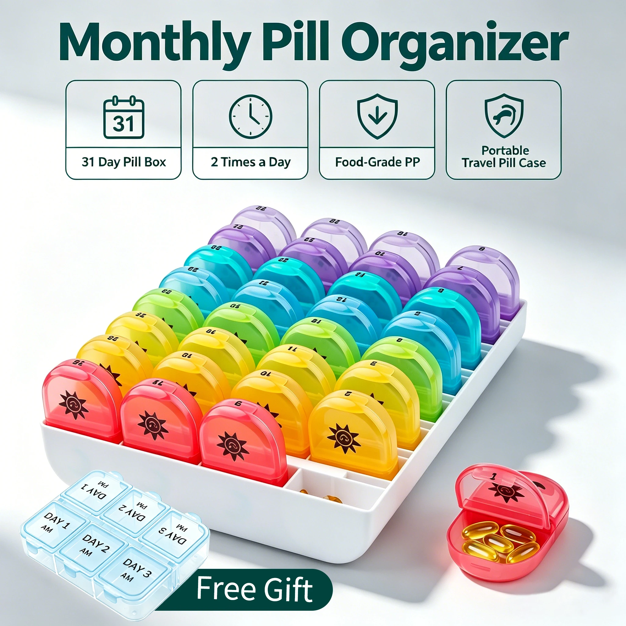 New Monthly Pill Organizer 2 Times a Day Portable Travel Pill Box Free 3-Day AM/PM Pill Case as Gift for Vitamin Fish Oils