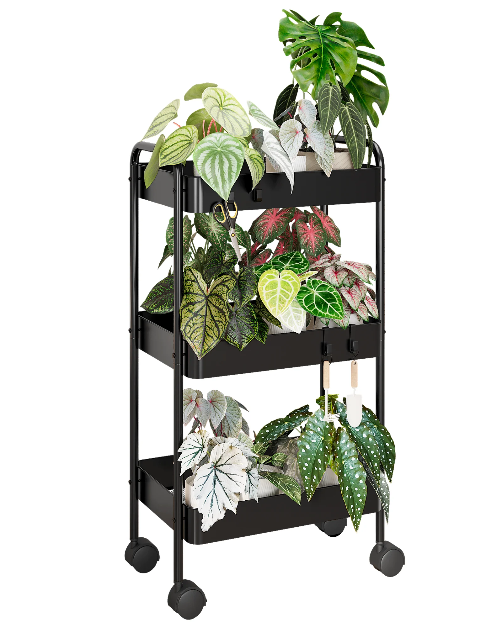 حامل نباتي من 3 طبقات سوداء من Bamworld مع عجلات عربة دوارة معدنية شديدة التحمل رف داخلي وخارجي لغرفة المعيشة وحديقة الشرفة