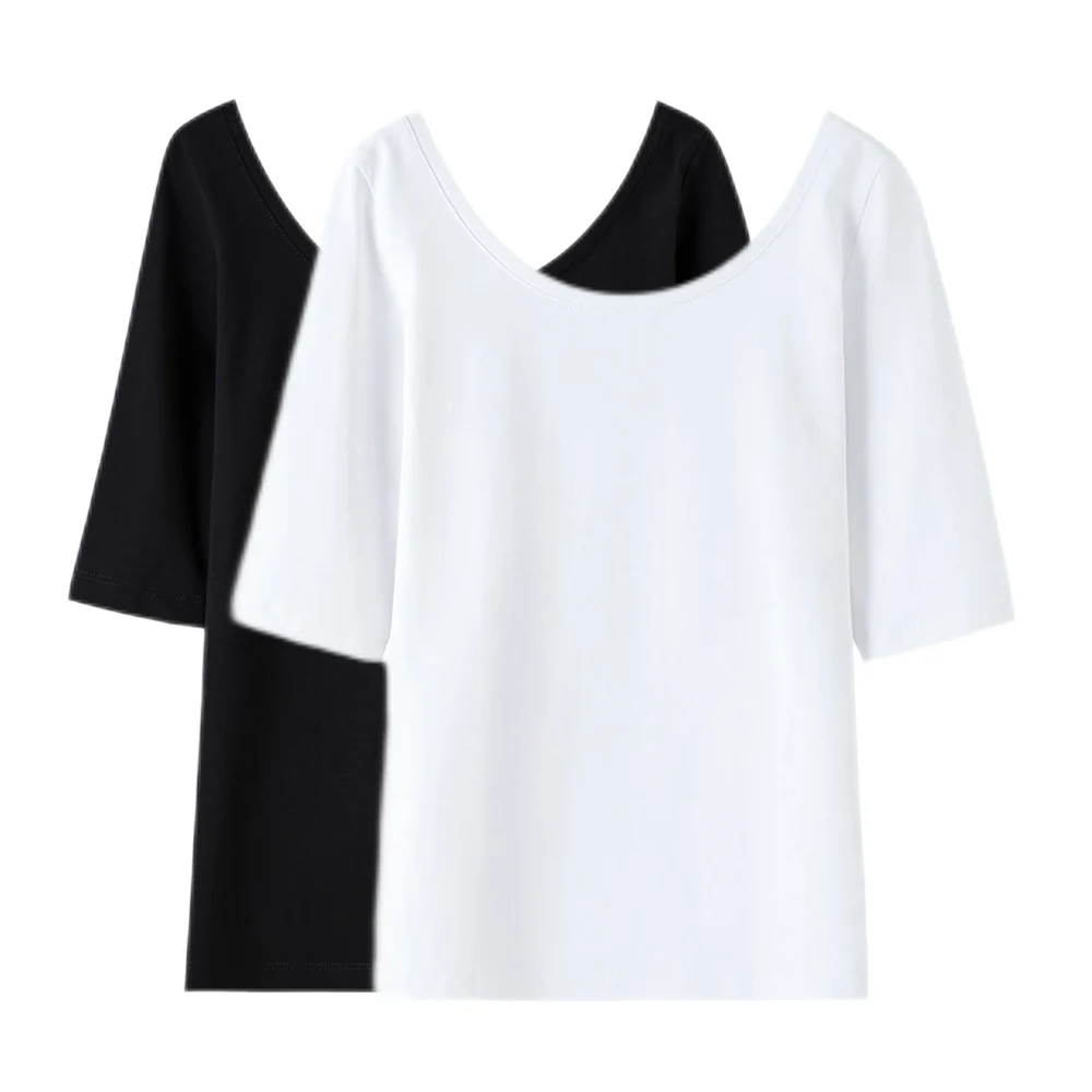 Camisetas de algodón con cuello redondo para mujer, ropa para primavera y verano, color blanco y negro, 2 uds. Por paquete