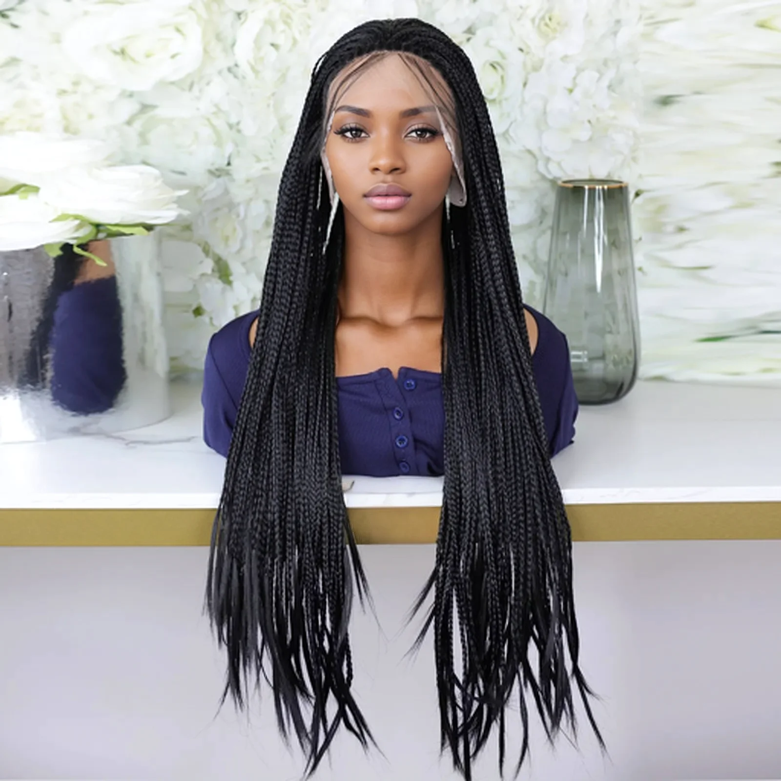 30" Lace Braided Wigs Synthetic Box Braids Lace Front Wigs Knotless Braided Wigs For Black Women Small Box Wigs Large Cap Size