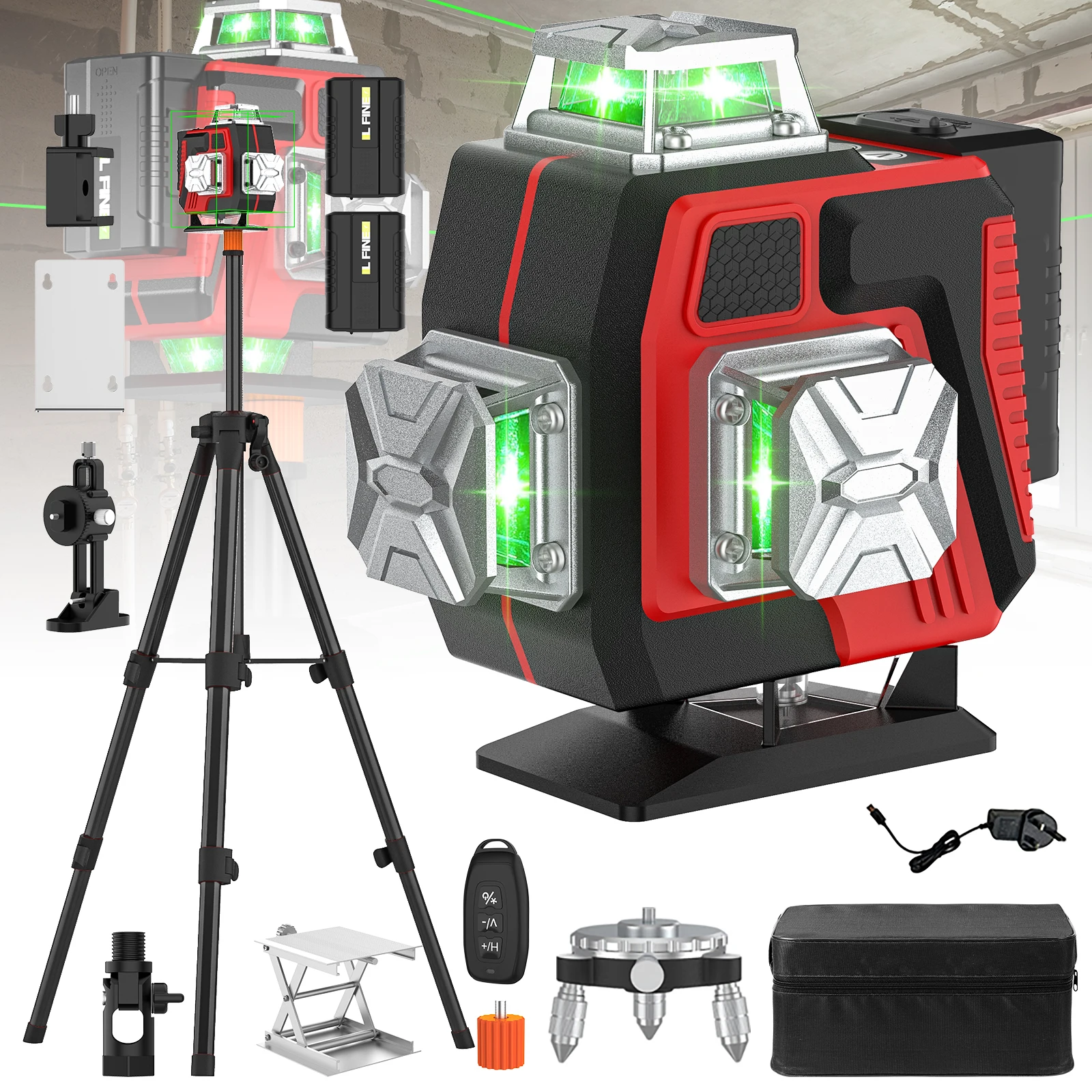 Automatyczny poziomy laser 360 stopni, 16-liniowy czerwony laser, 2 baterie, podstawy magnetyczne, uchwyt obrotowy, statyw