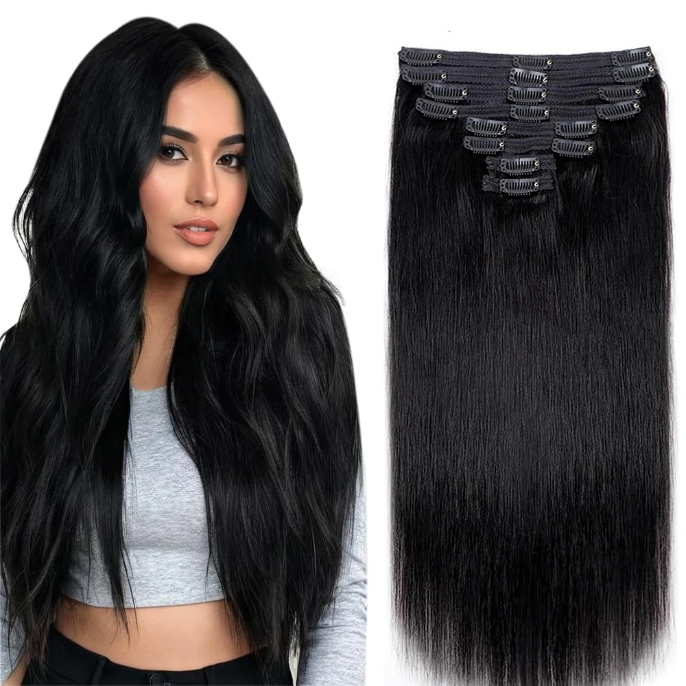 Grampo reto em extensões de cabelo cabelo humano 120g cabeça cheia clipe em 8 pçs/set virgem 100% cabelo humano natural preto clipe ins cabelo