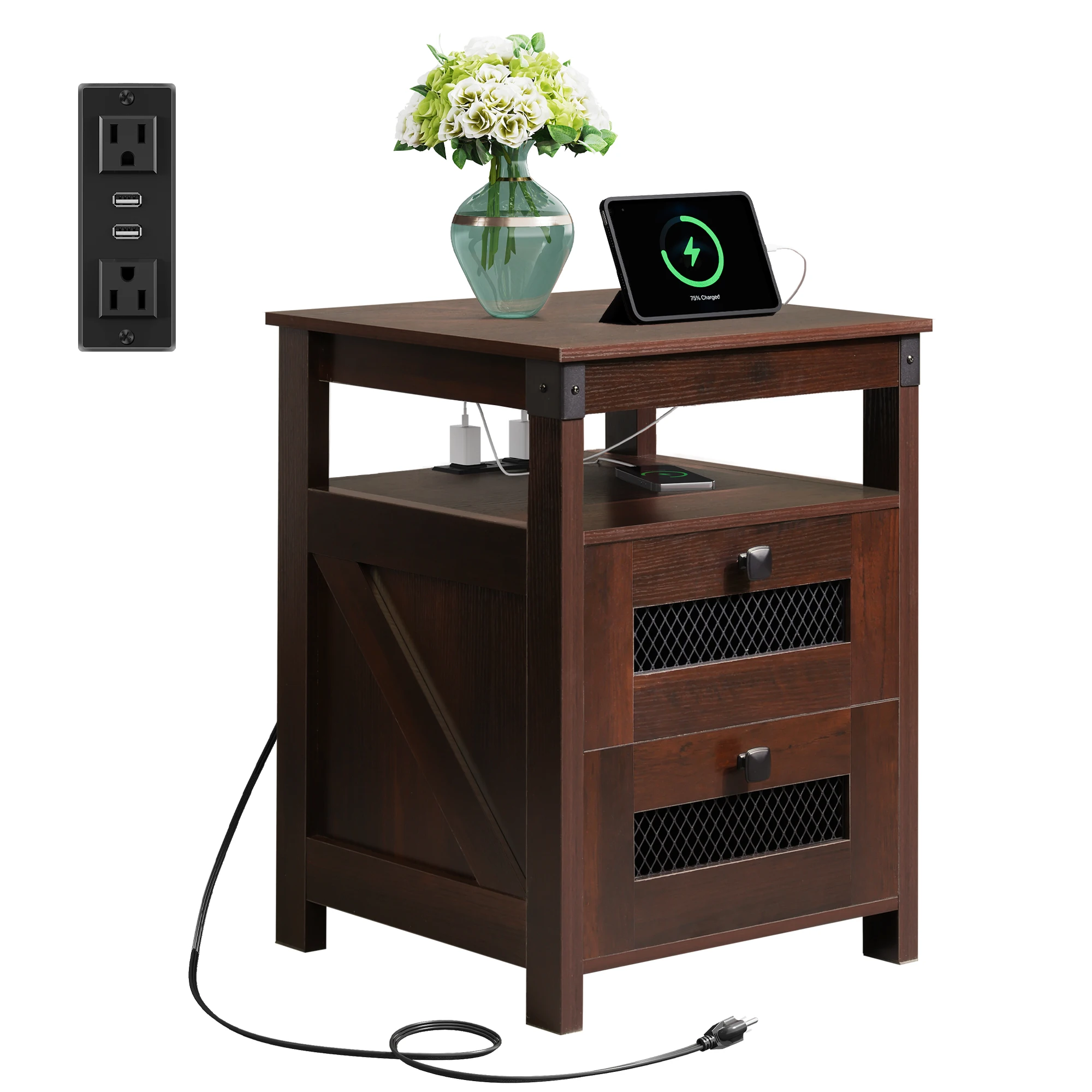 Nightstand Nightstand with Charging Station, Farmhouse End Table, Bed Side Table with 2 Storage Drawers and Open Shelf, Wood Rustic Nightstands for Bedroom, Espresso - Aliexpress Deal