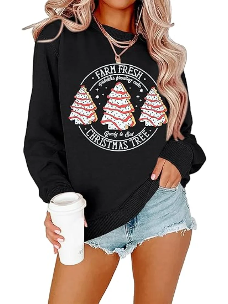 

Рождественский праздничный подарок, Рождественская ферма, свежие елочные торты, толстовка, женский рождественский свитер с круглым вырезом, рождественские подарки, топ, повседневный длинный