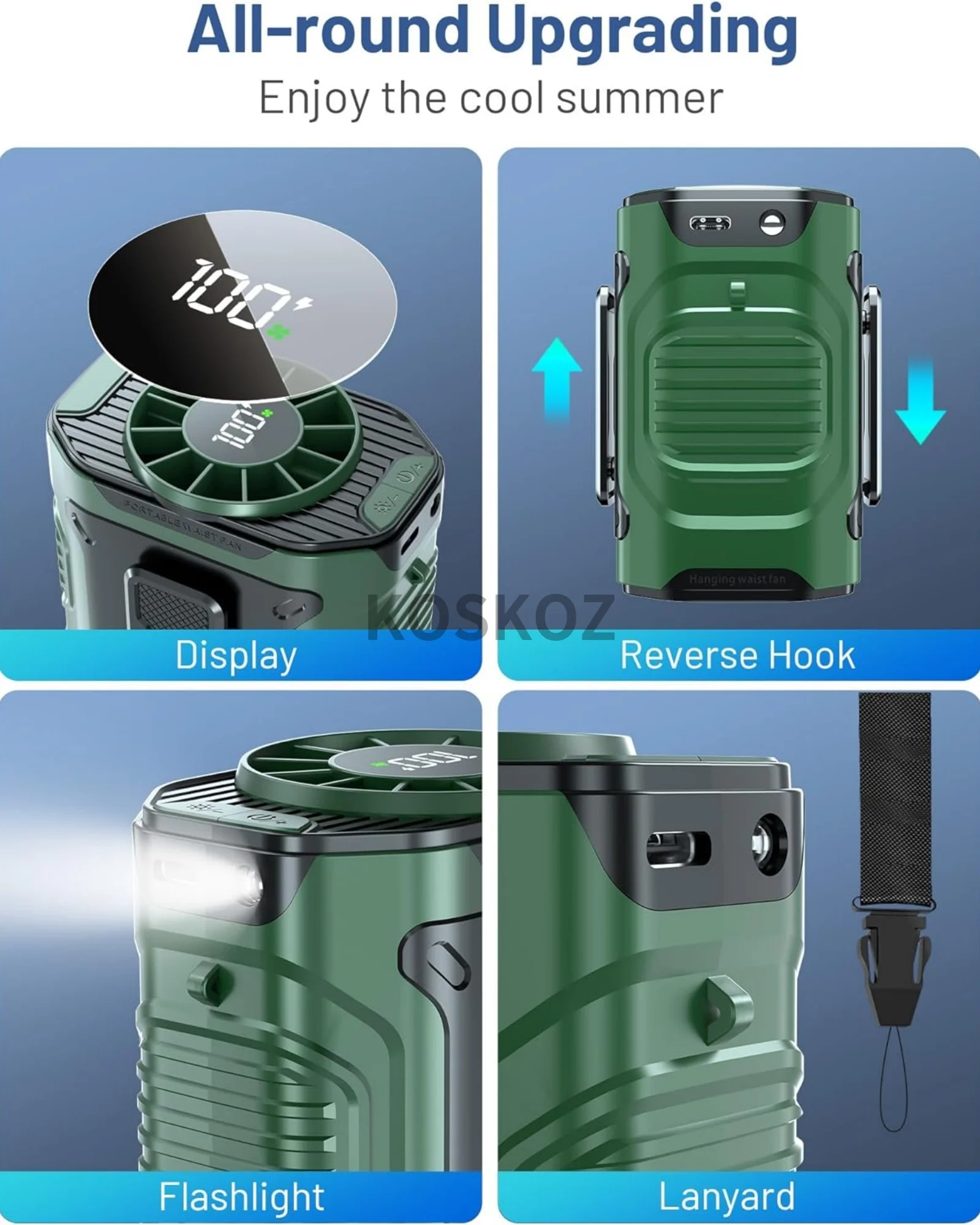 Portable Waist Fan with 10 Speed, Clip on Wearable Personal Fan with Flashlight, Hands-Free Hanging Neck Fans, Outdoor Camping