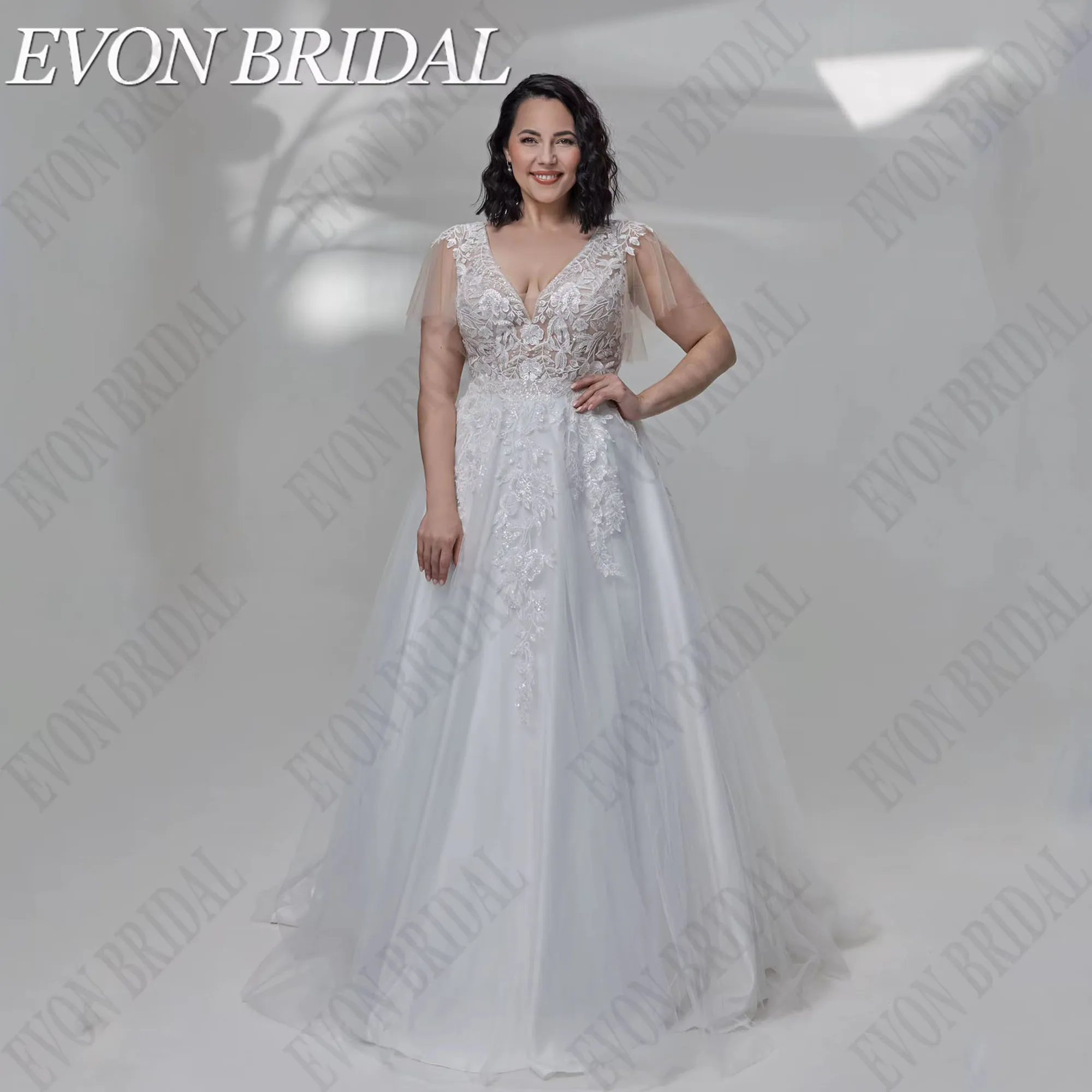 EVON BRIDAL Plus Size Hochzeitskleid Damen Durchsichtige Applikation A-Linie Boho Brautkleider Tüll Übergrößen-hochzeitskleid Anpassen