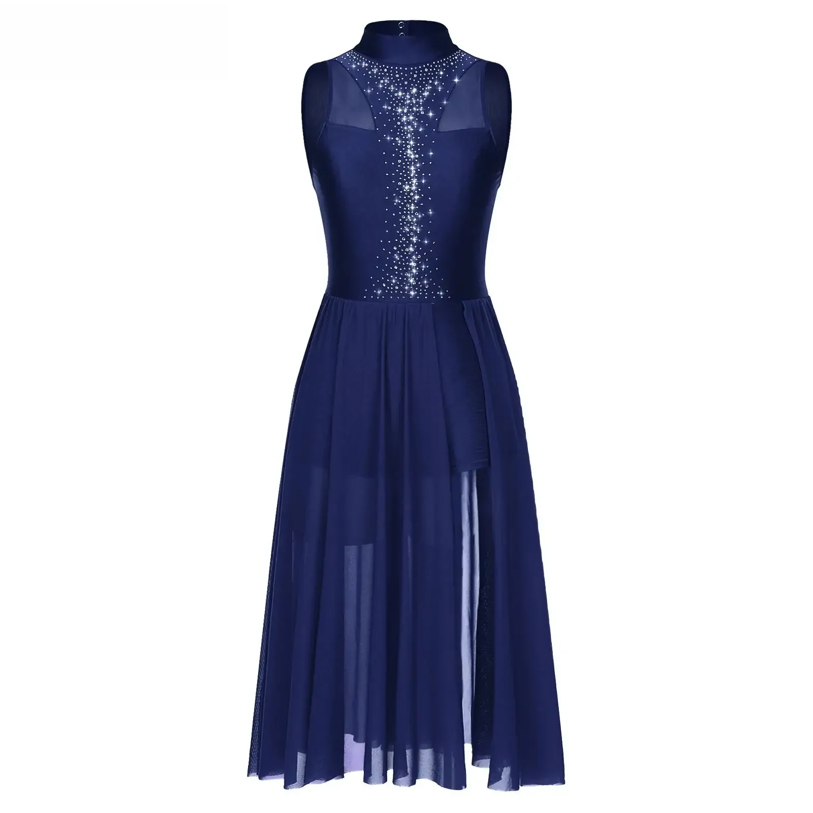 Robe de patinage artistique en strass pour femmes, sans manches, maille transparente, justaucorps de Ballet, Costumes de spectacle de danse lyrique contemporaine
