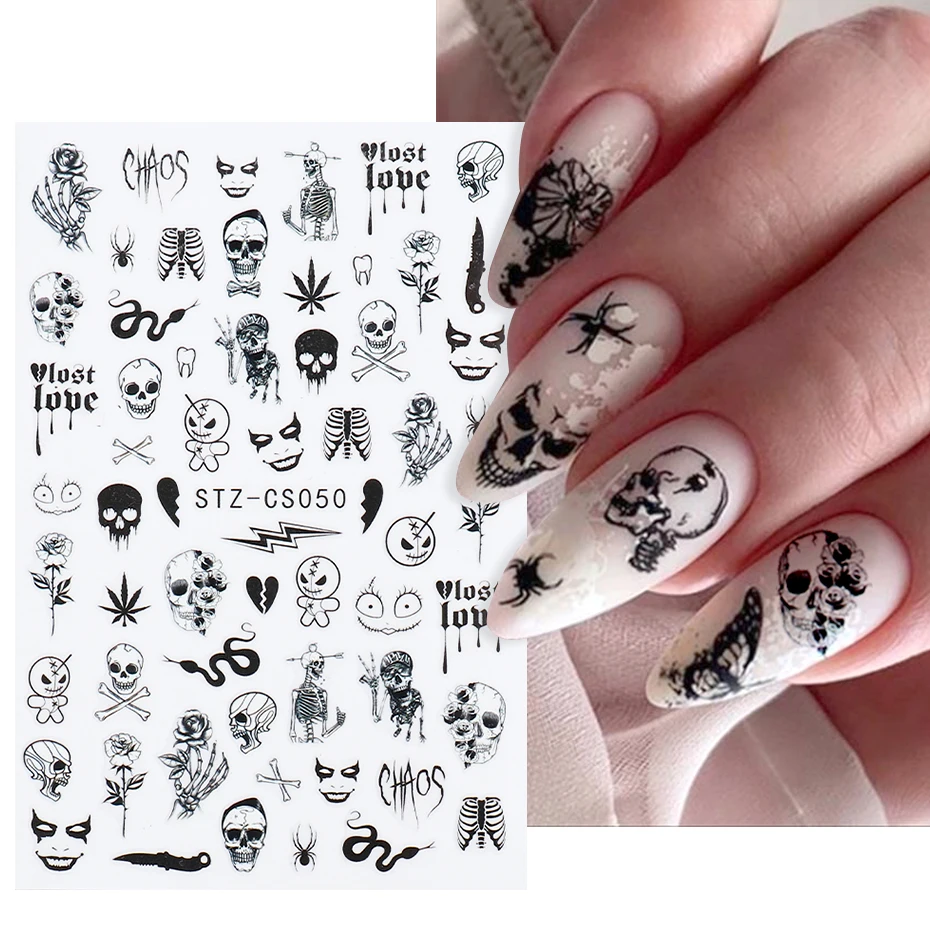 Halloween Skull Bones Nails Stickers Black Design Ghost Sugar Skulls Sliders Thrilling All Saints' Day Manicure Decals STZ-CS050