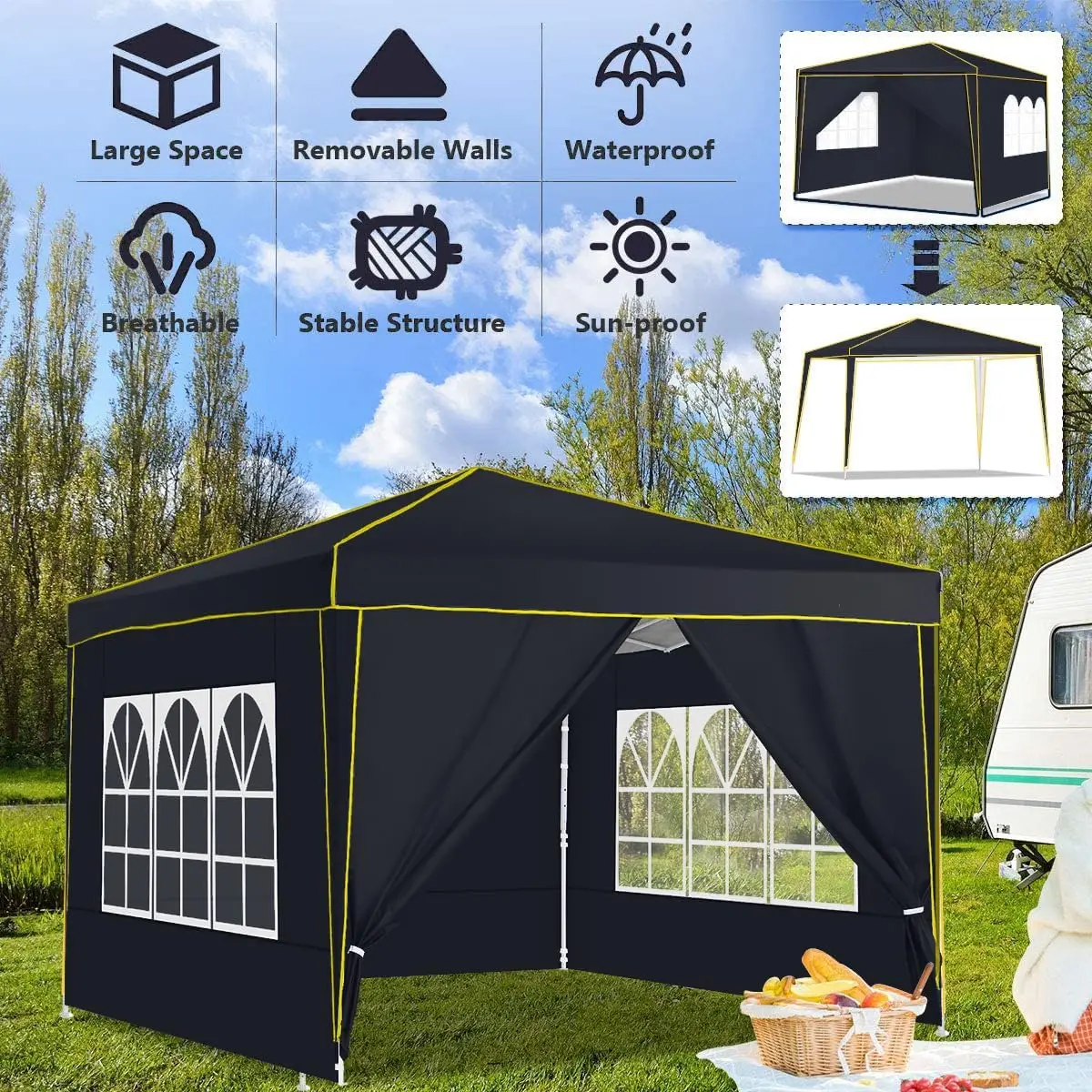 مظلة مناسبات ممتازة مقاس 10 × 10 أقدام مع جدران معيارية، خيمة منبثقة شديدة التحمل مع إطار معزز، مأوى خارجي من الدرجة التجارية