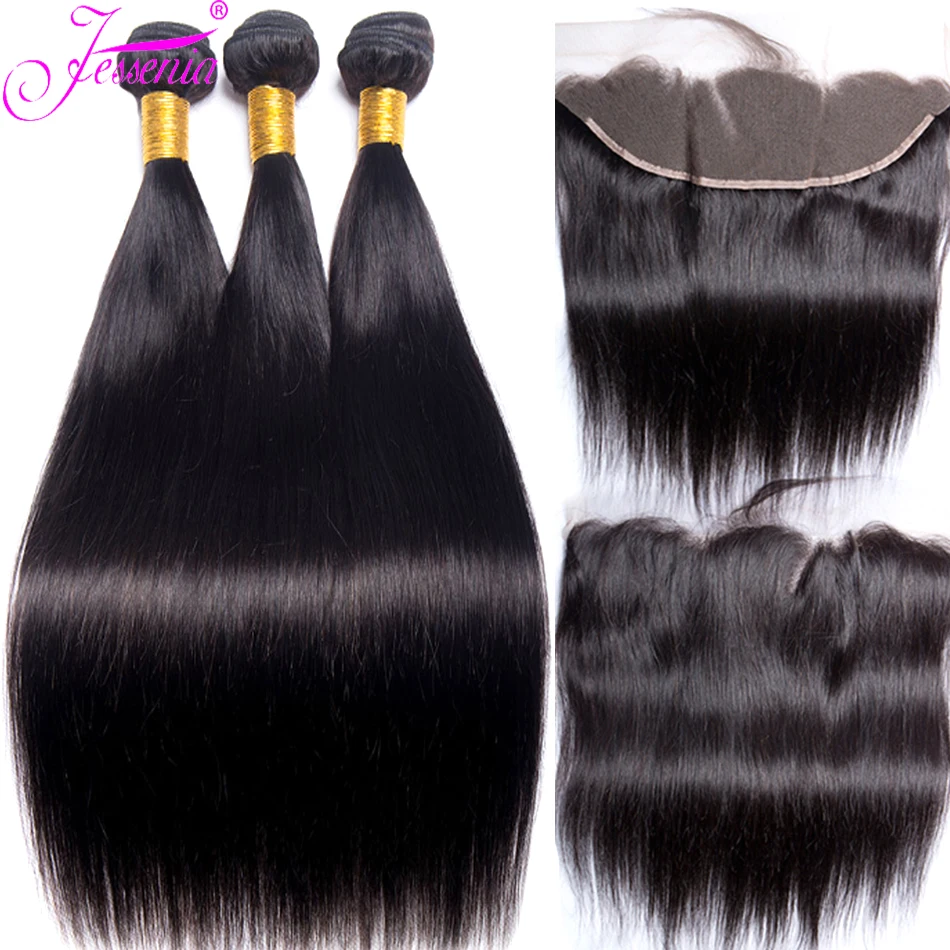 Bone Straight Human Hair Bundles With Frontal Lace Closures With Bundles Brazilian Hair Weave 3/4 Bundles With Closure Remy Hair