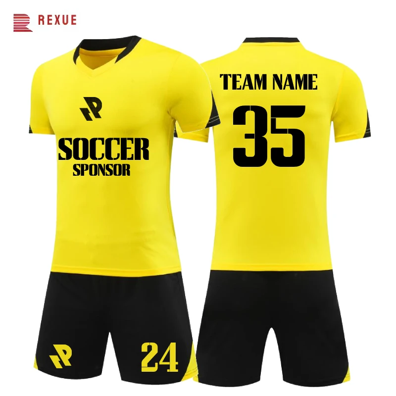 Custom Yellow Print Short Sleeve Mens Kid Soccer Uniform Adults Football Culb Jersey Set Plus Size Sportswear Print Name Number