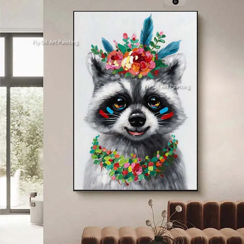 Animals With Garlands Oil Painting Hand Painted Abstract Rabbit Cat Raccoon Canvas Wall Art  Modern Home Decor As Best Gift