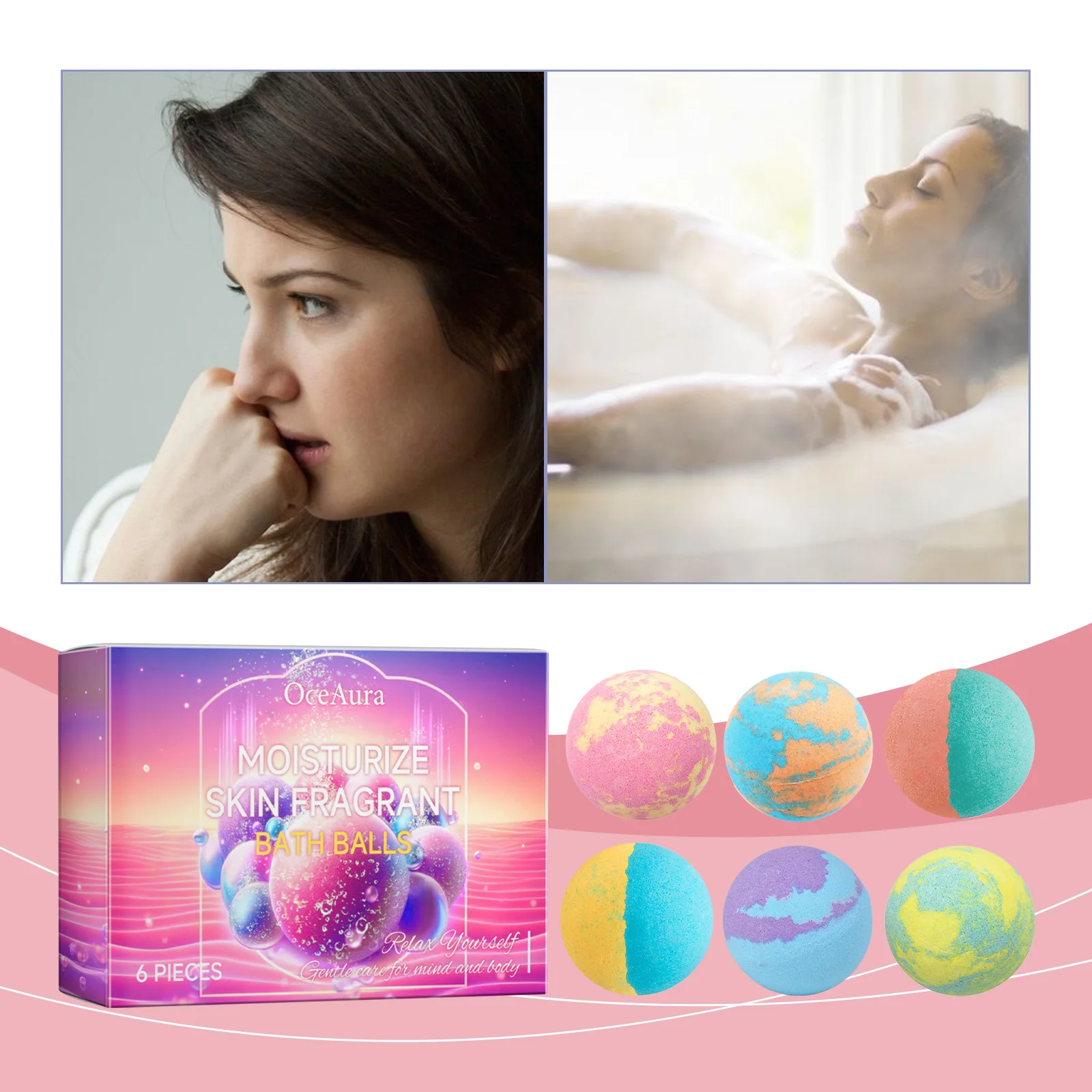 

6pcs Oceaura Bubble Bath Ball Deep Clean Dirt Exfoliator Relieve Fatigue Stress Anxiety Body Relaxation Colorful Bath Ball Set