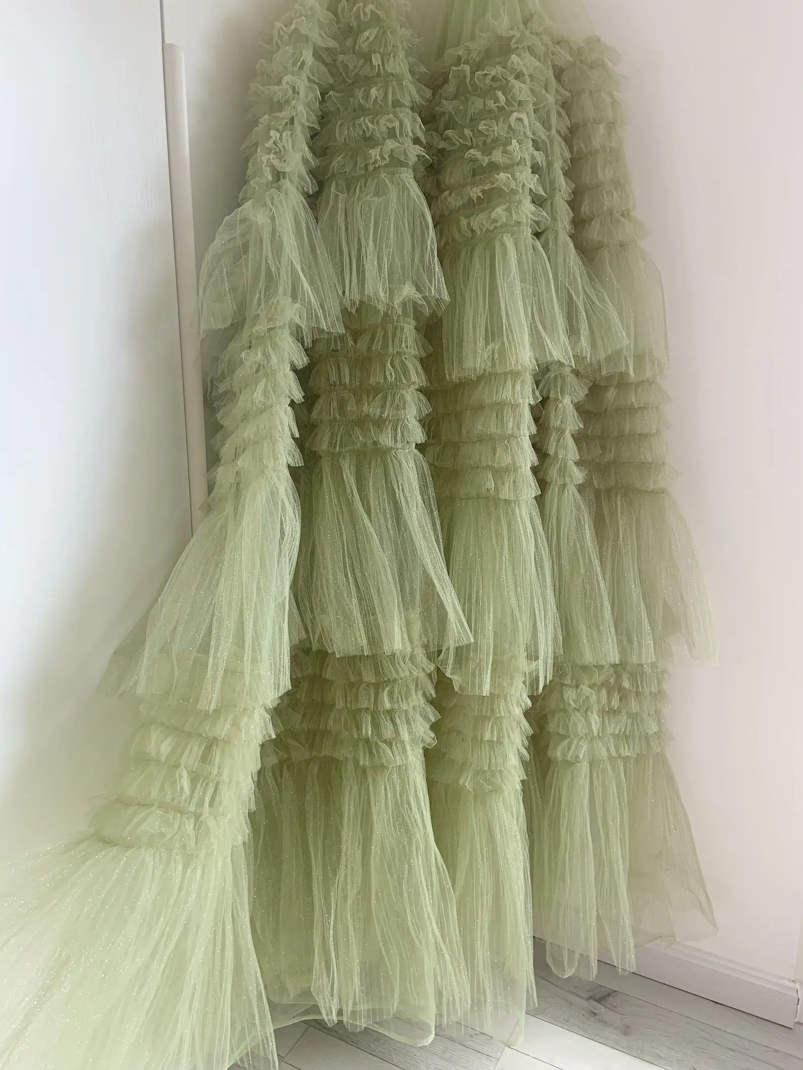 1 Yard Olive Green Ruffle Fabric With Glitters For Bridal Dress, Photography Prop Backdrop Baby Tutu Dress Trim