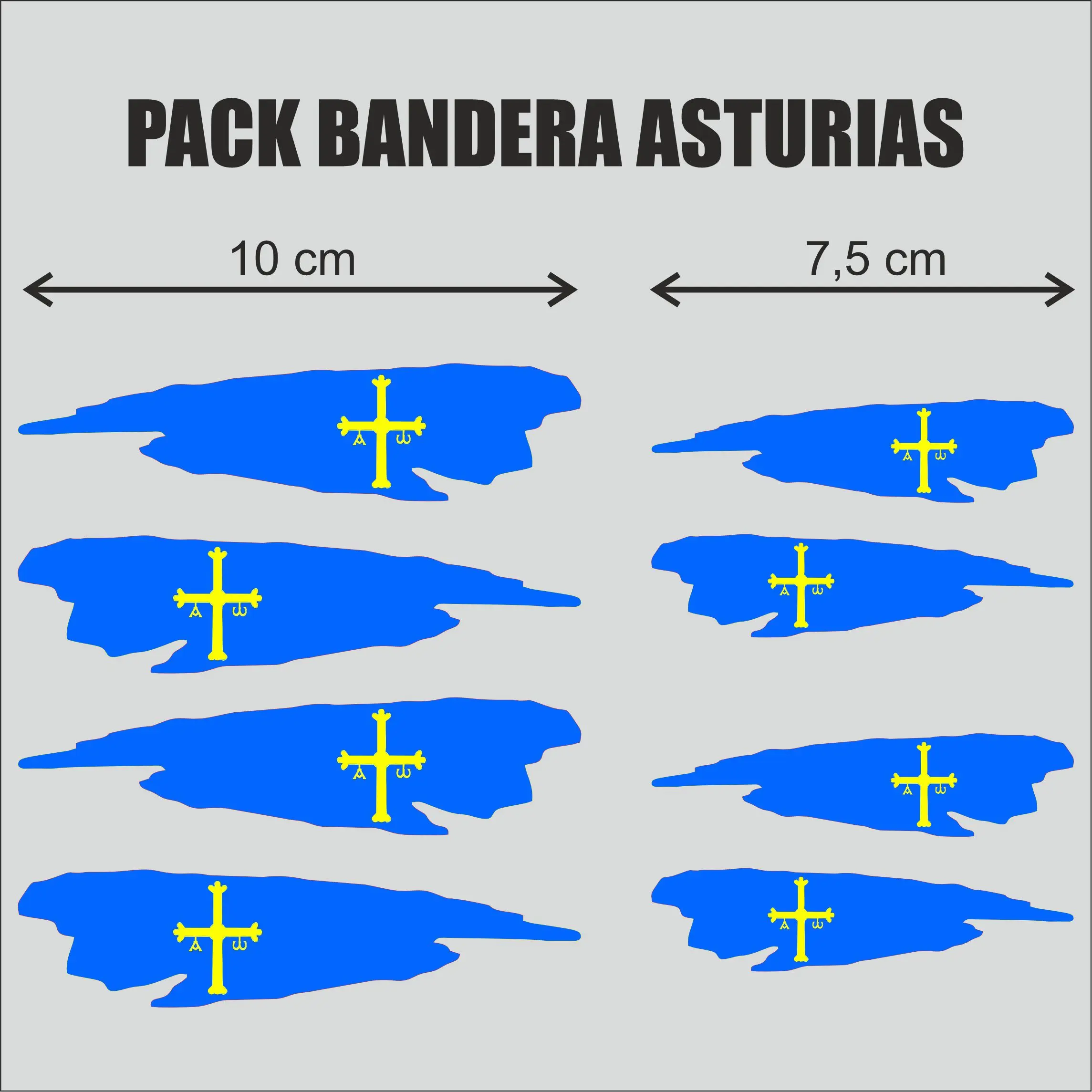 Pack 8 Pegatinas Bandera Asturias con Cruz de la Victoria - Vinilo Efecto Rasgado Racing para Coche, Moto y Casco - Kit Alta Resistencia (10cm y 7,5cm)