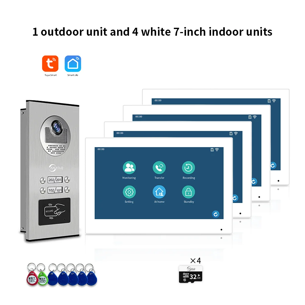 ANJIELO 7-inch 2/3/4/6/8/10/12-unit multi-unit deurbel video-intercomsysteem 1080P display Tuya slimme videodeurbel