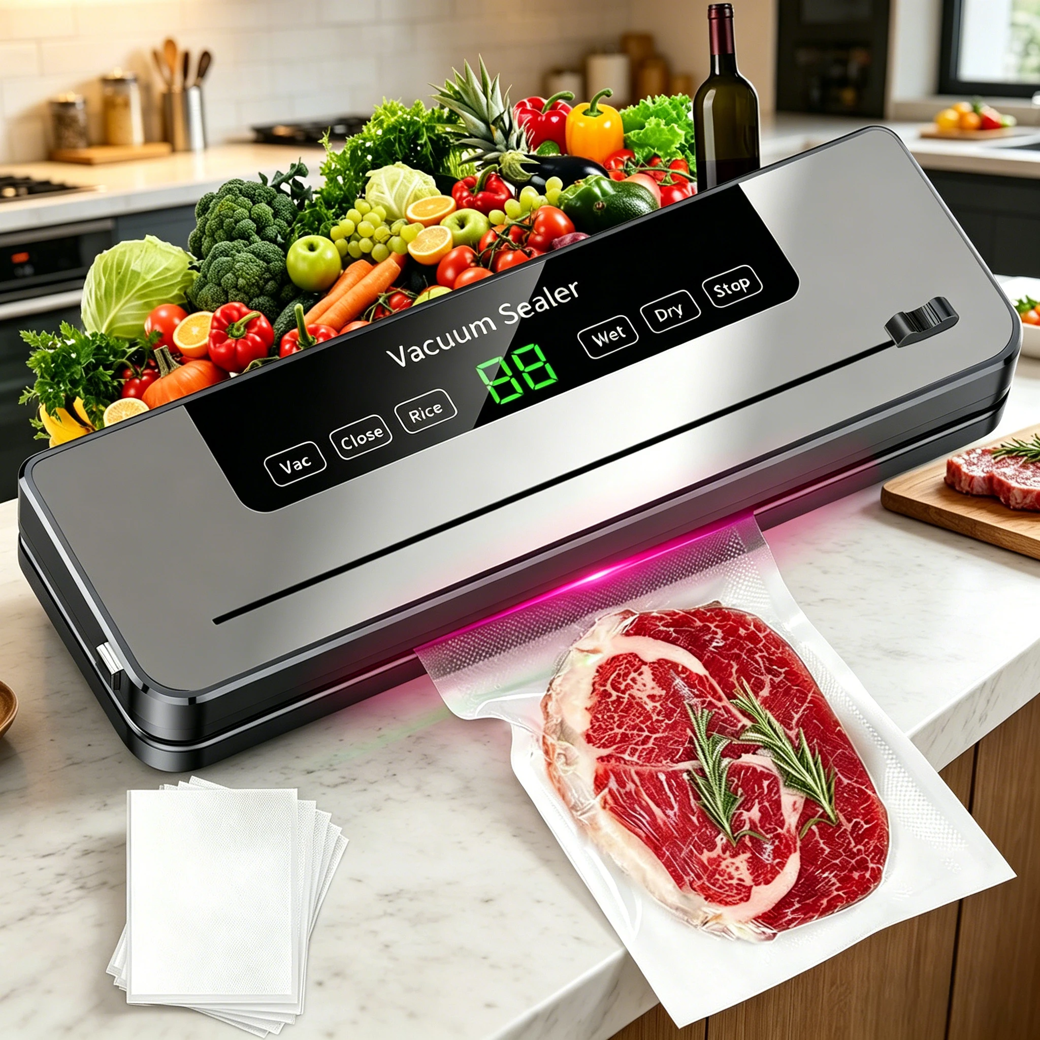 Vakuumiergerät, kompakte Vakuumiermaschine für die Lebensmittelversorgung, automatische Vakuumiermaschine für den Heimgebrauch in der Küche, inklusive 10 Vakuumbeuteln.