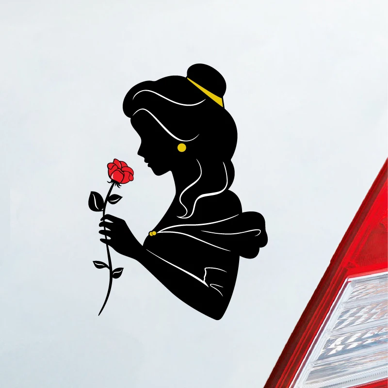 Pegatina de vinilo de la Bella y La Bestia, calcomanía para ventana de coche y portátil, calcomanías clásicas de dibujos animados de princesa bella con Rosa, calcomanías para teléfono de mano, decoración