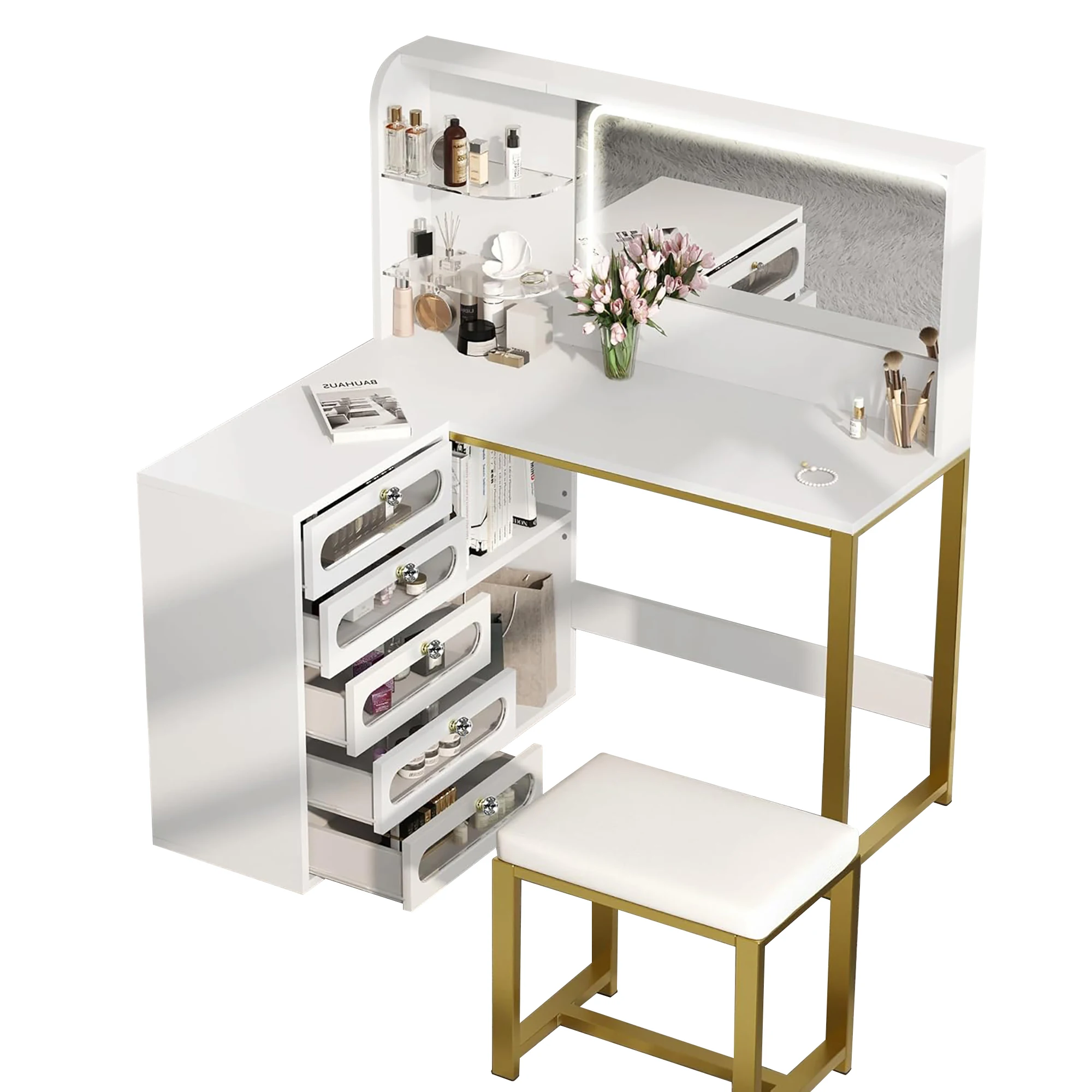 Hoekbureau, L-bureau, computerbureau, kaptafel met LED-verlichting, spiegel en 5 laden voor bureau/studeerkamer, wit - afbeelding 2