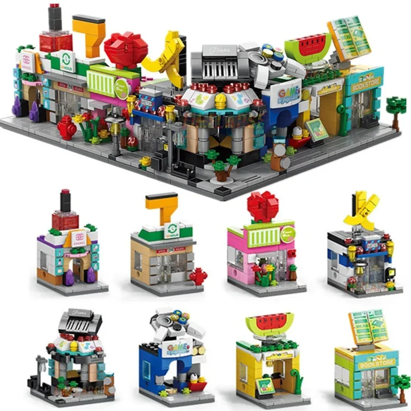 16 styles Mini Street View café magasin Piano jeu Hall fruits librairie blocs de construction briques film modèle jouet garçons filles cadeaux