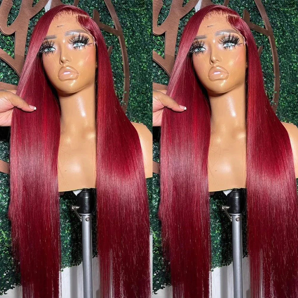 Wig renda depan 13x6 Hd 99j Burgundy lurus 13x4 Wig rambut manusia renda depan 30 36 inci Wig rambut Brasil berwarna untuk wanita