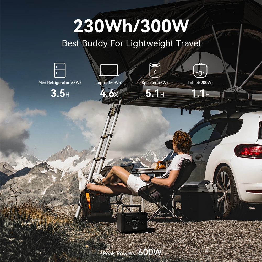 HEZZO T300PRO Portable Power Station 230Wh LiFePO4 Battery, 300W Solar Generator with 600W Peak, AC Outlet, USB-C PD 18W, DC Output for Camping, RV, Emergency Backup