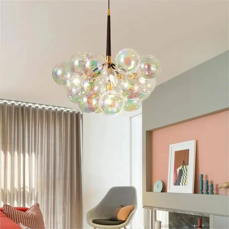 Modern Bubble Chandelier Dining Room Smoke Grey Glass Chrome Ball Globe Lightings for Lobby Stairs