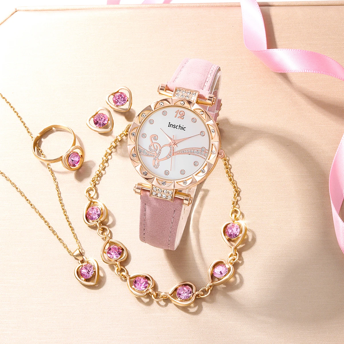 6-Piece Casual New Elegant Pink Women's Watch Set, Heart-Shaped Rhinestone Accessories, Valentine's Day Gift