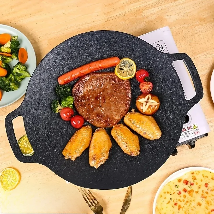 Poêle à rôtir en fonte, poêle à crêpes à Double manche, plaque ronde antiadhésive pour barbecue, cuisine ronde avec poignée