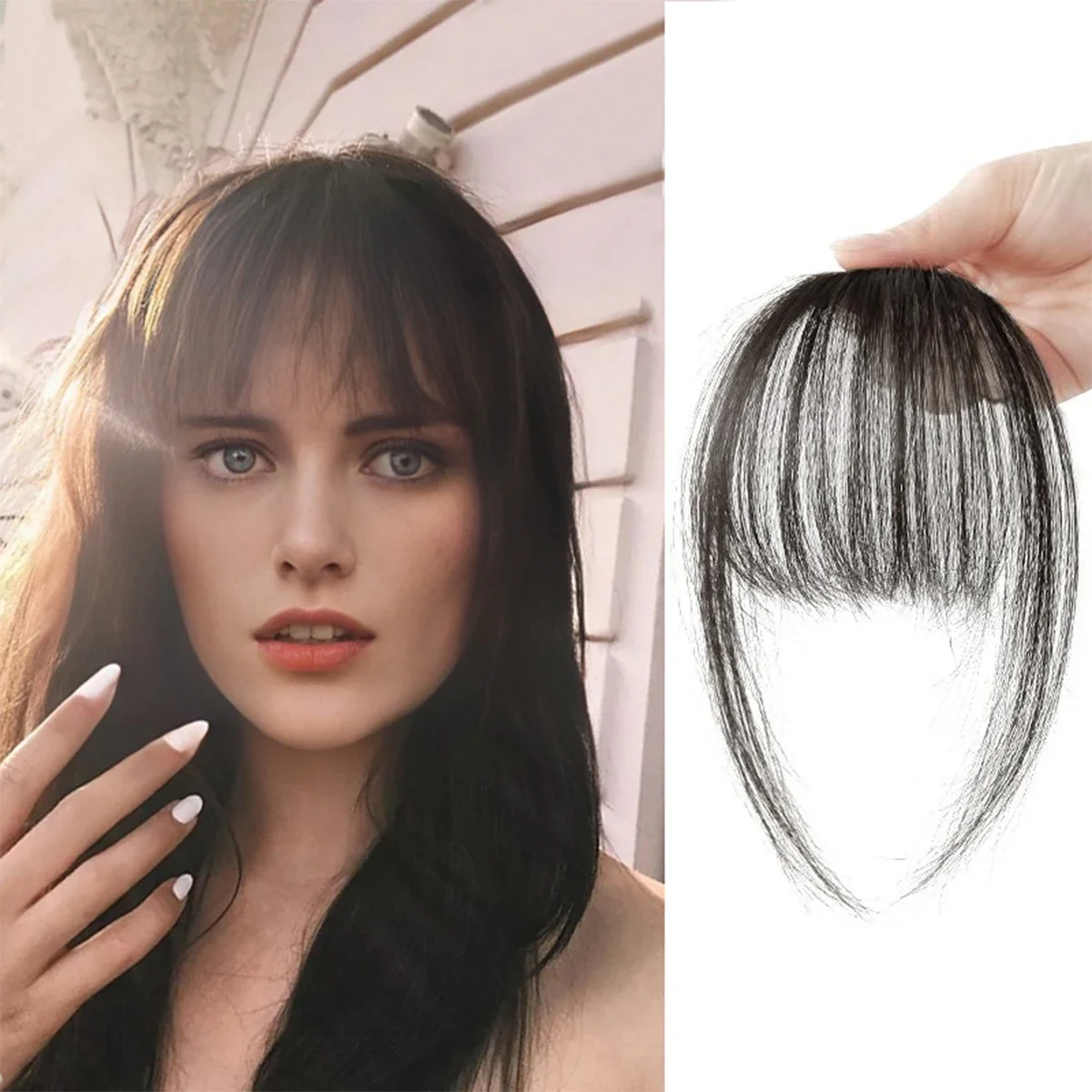 Clip in Bangs Wispy Bangs Clip in Hair Extensions, Brown Black Air Bangs Fringe with Temples Hairpieces for Women Curved Bangs — zdjęcie 2