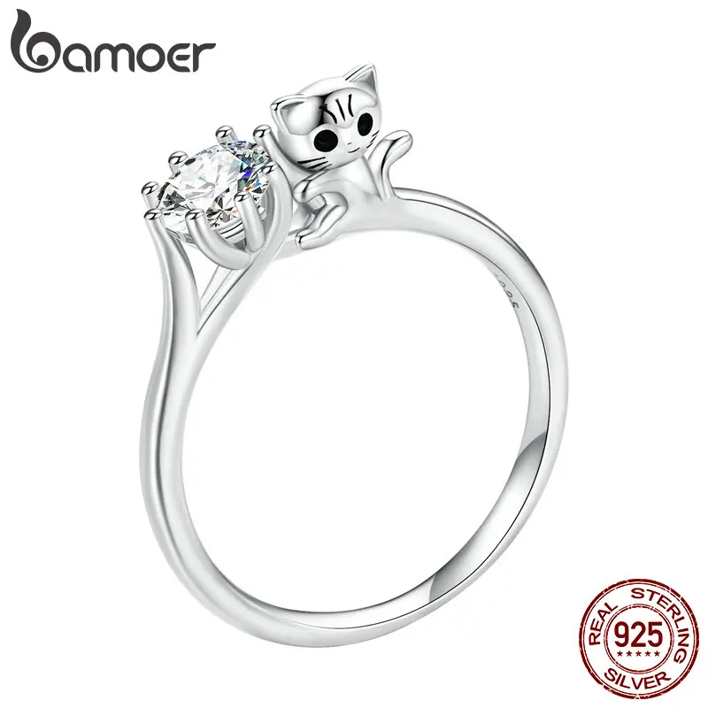 Bamoer 925 Sterling Silver Cute Cat Zircon Rings Plated Platinum For Women Fashion Ring Special Fine Party Jewelry Gift