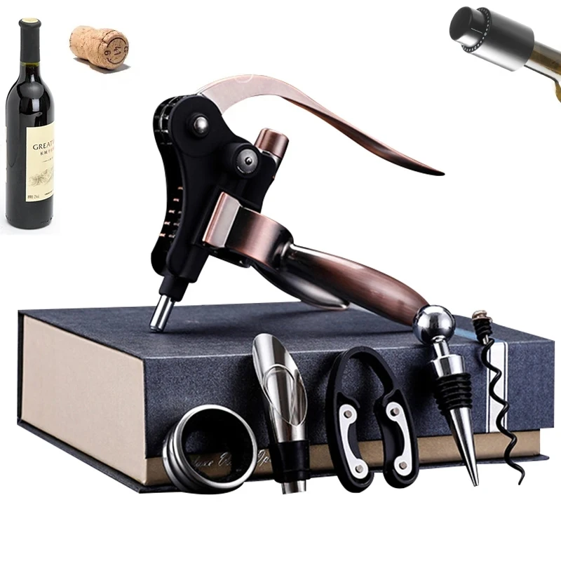 Zinc Alloy Rabbit Wine Opener Tool Set Manual Lever Red Wine Cork Corkscrews Gift Box Professional Red Wine Opener 5 -piece set