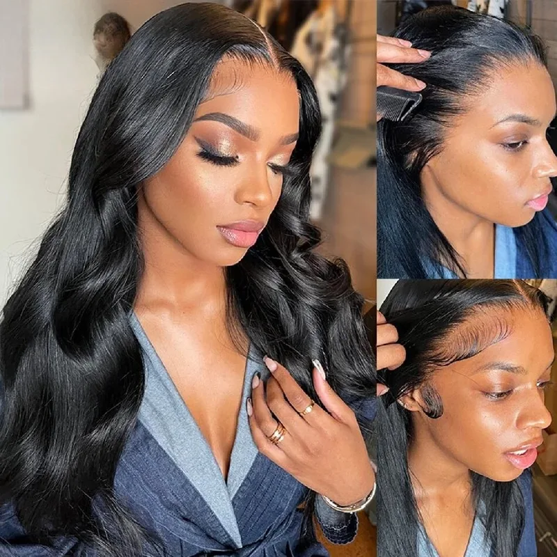 Perruques avant de dentelle transparente HD cheveux humains pré plumés 250 densité brésilienne vague de corps perruques frontales cheveux humains noir naturel 42In