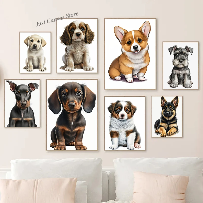 Cute Baby Dogs Portrait Poster Doberman Bulldog Border Collie Schnauzer Canvas Painting Lovely Pet Wall Art Room Home Decor