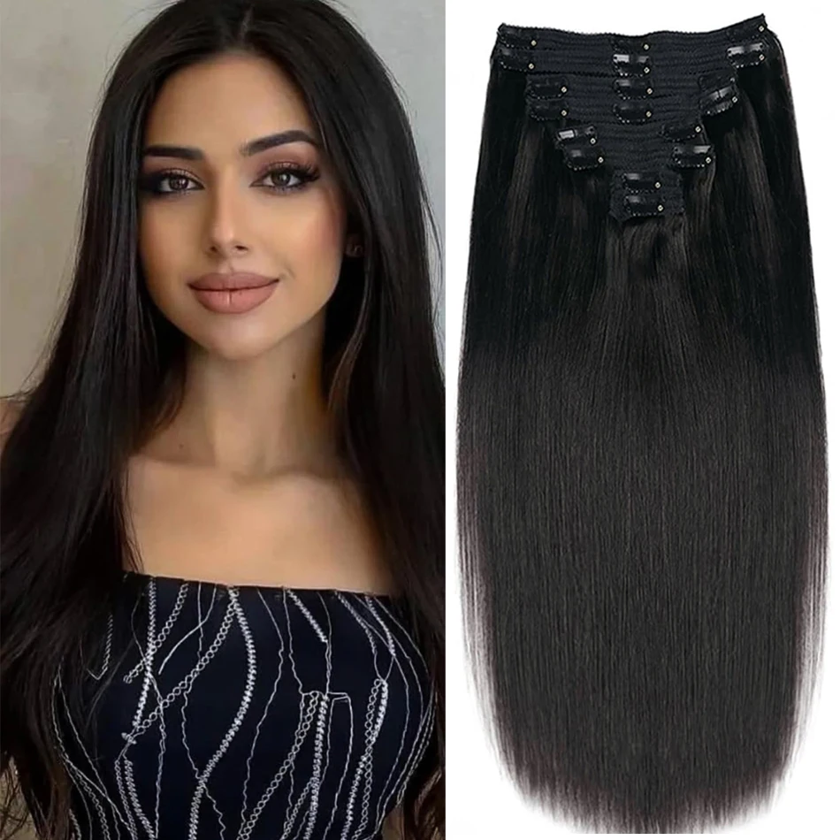 Extension de Cheveux Humains Lisses à Clips pour Femme, Tête Complète Brésilienne, 120 g/Lot